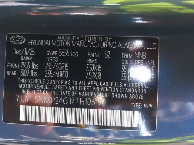 45789160 :رقم المزاد ، 5NMP24G17TH106190 vin ، 2026 Hyundai Santa Fe Hybrid Sel مزاد بيع