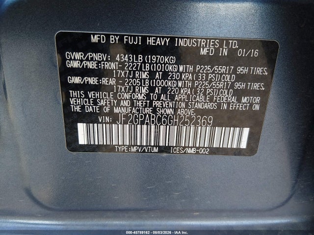 JF2GPABC6GH252369 Subaru Crosstrek 2.0i Premium