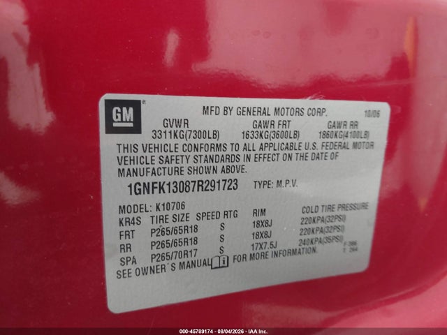 2007 Chevrolet Tahoe Lt მანქანა იყიდება აუქციონზე, vin: 1GNFK13087R291723, აუქციონის ნომერი: 45789174