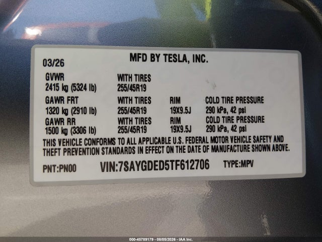 Продаж на аукціоні авто 2026 Tesla Model Y Premium Rear-wheel Drive/rear-wheel Drive, vin: 7SAYGDED5TF612706, номер лоту: 45789179