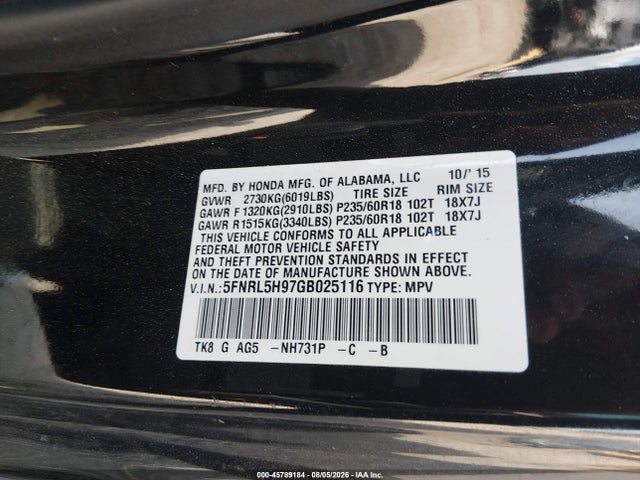 Продажа на аукционе авто 2016 Honda Odyssey Touring/touring Elite, vin: 5FNRL5H97GB025116, номер лота: 45789184