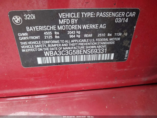Продажа на аукционе авто 2014 Bmw 320i Xdrive, vin: WBA3C3G58ENS69331, номер лота: 45789194