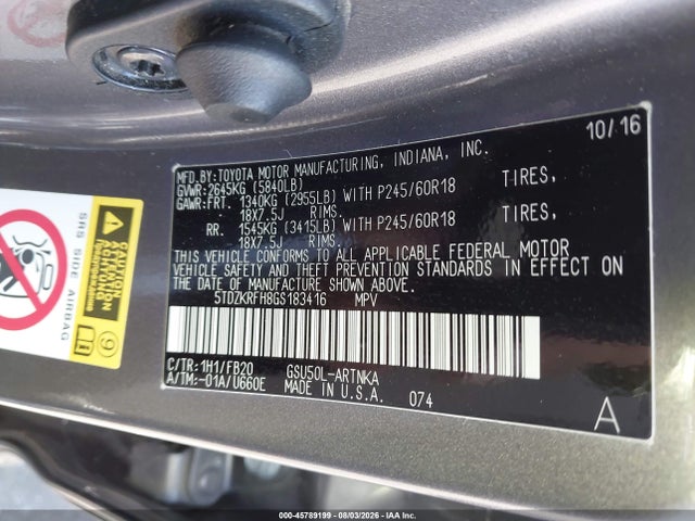 Toyota Highlander Le V6 2016 5TDZKRFH8GS183416 Image 9