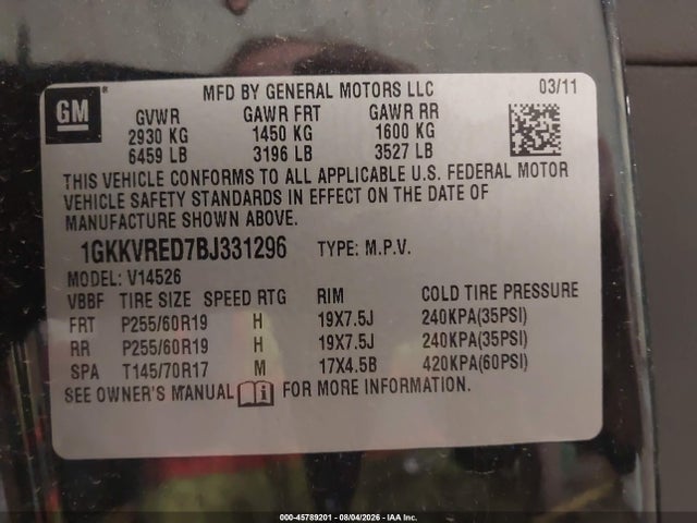 2011 Gmc Acadia Slt-1 მანქანა იყიდება აუქციონზე, vin: 1GKKVRED7BJ331296, აუქციონის ნომერი: 45789201