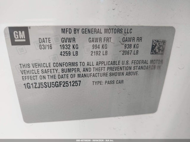 1G1ZJ5SU5GF251257 Chevrolet MALIBU HYBRID