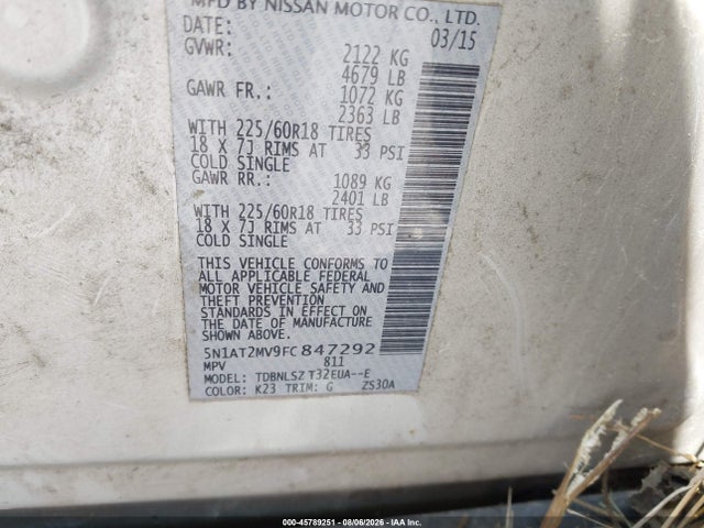 45789251 :رقم المزاد ، 5N1AT2MV9FC847292 vin ، 2015 Nissan Rogue Sl مزاد بيع