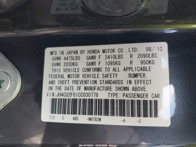 45789253 :رقم المزاد ، JH4CU2F61CC030778 vin ، 2012 Acura Tsx 2.4 مزاد بيع