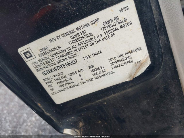 Aukcja sprzedaży 2000 Gmc Sierra 1500 Sle, vin: 1GTEK19T0YE196037, numer aukcji: 45789258