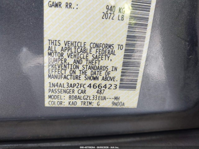 45789264 :رقم المزاد ، 1N4AL3AP2FC466423 vin ، 2015 Nissan Altima 2.5 S مزاد بيع