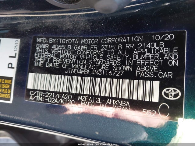 JTND4MBE4M3116727 Toyota COROLLA SE