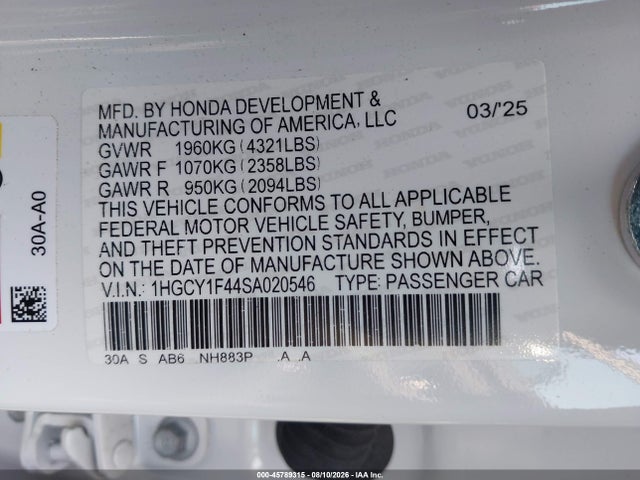 Продажа на аукционе авто 2025 Honda Accord Se, vin: 1HGCY1F44SA020546, номер лота: 45789315