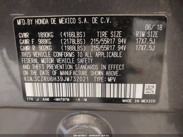 2018 Honda Hr-v Lx მანქანა იყიდება აუქციონზე, vin: 3CZRU6H39JM732021, აუქციონის ნომერი: 45789317
