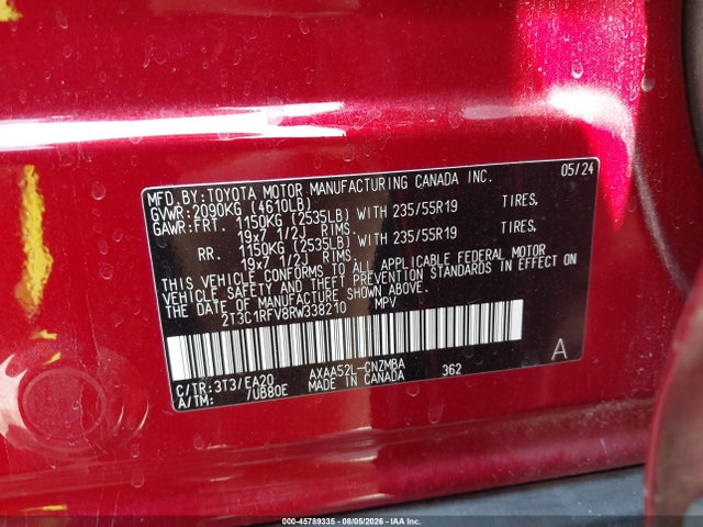 45789335 :رقم المزاد ، 2T3C1RFV8RW338210 vin ، 2024 Toyota Rav4 Xle Premium مزاد بيع