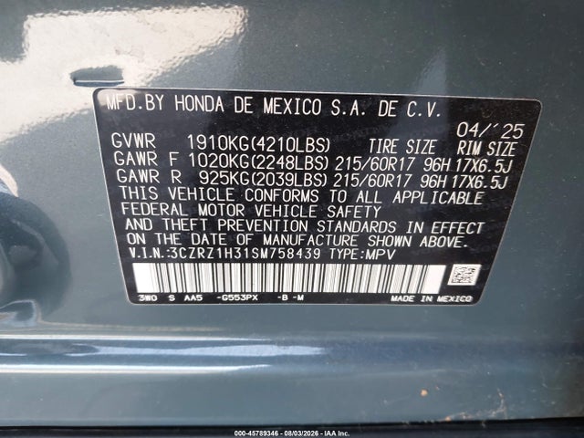 45789346 :رقم المزاد ، 3CZRZ1H31SM758439 vin ، 2025 Honda Hr-v 2wd Lx مزاد بيع