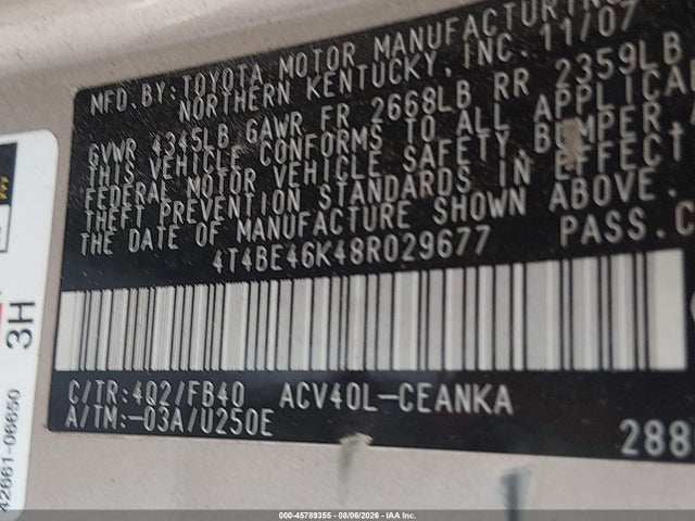 Aukcja sprzedaży 2008 Toyota Camry Le, vin: 4T4BE46K48R029677, numer aukcji: 45789355