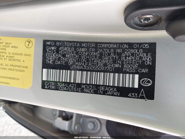 45789363 :رقم المزاد ، JTHBA30G055097701 vin ، 2005 Lexus Es 330 مزاد بيع