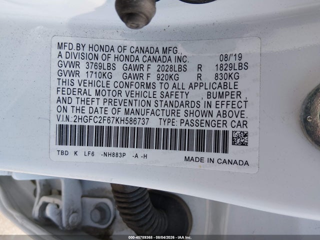 Honda Civic Lx 2019 2HGFC2F67KH586737 Image 9