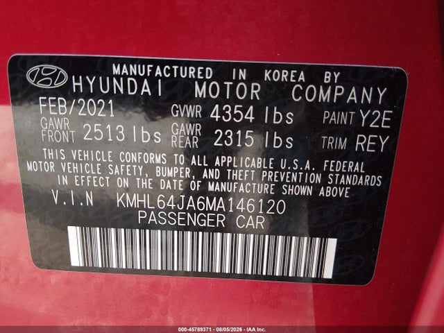 Продаж на аукціоні авто 2021 Hyundai Sonata Sel, vin: KMHL64JA6MA146120, номер лоту: 45789371