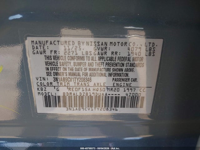 Продаж на аукціоні авто 2026 Nissan Sentra Sv, vin: 3N1AB9CV1TY208346, номер лоту: 45789373