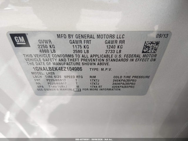 1GNALBEK4EZ104986 Chevrolet EQUINOX LT