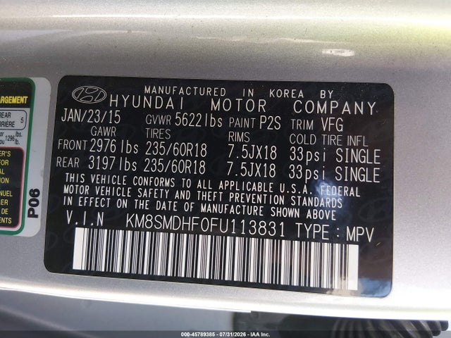 KM8SMDHF0FU113831 Hyundai Santa Fe Gls