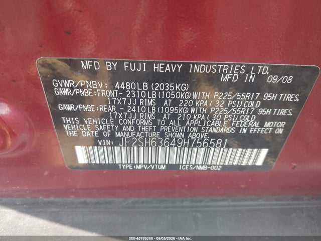 2009 Subaru Forester 2.5x მანქანა იყიდება აუქციონზე, vin: JF2SH63649H756581, აუქციონის ნომერი: 45789388