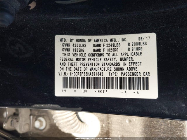 Honda ACCORD LX 2017 1HGCR2F38HA251842 Image 9
