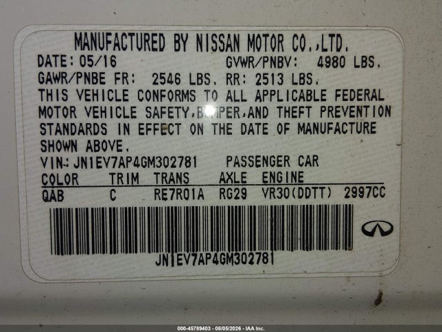 2016 Infiniti Q50 3.0t Premium მანქანა იყიდება აუქციონზე, vin: JN1EV7AP4GM302781, აუქციონის ნომერი: 45789403