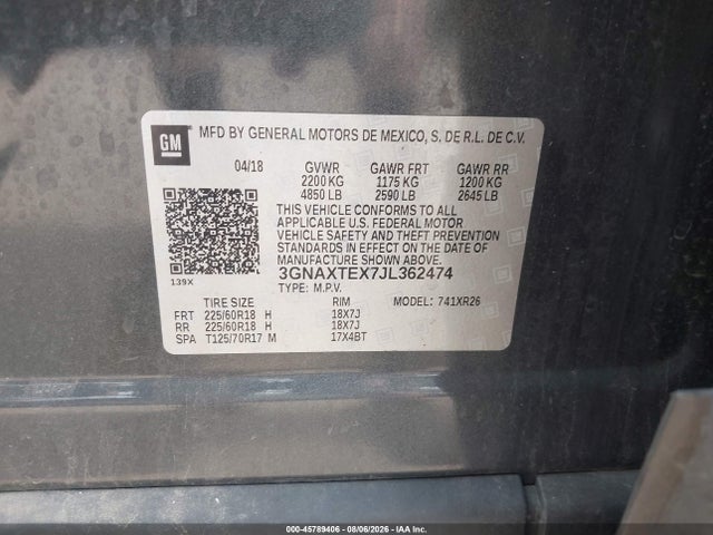 Aukcja sprzedaży 2018 Chevrolet Equinox Lt, vin: 3GNAXTEX7JL362474, numer aukcji: 45789406