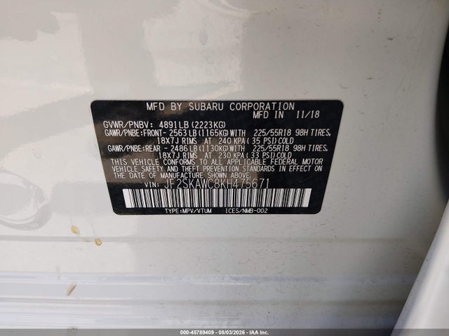 Aukcja sprzedaży 2019 Subaru Forester Touring, vin: JF2SKAWC8KH475671, numer aukcji: 45789409
