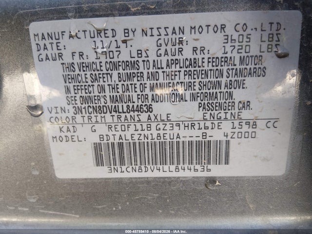 Nissan Versa S Xtronic Cvt 2020 3N1CN8DV4LL844636 Image 9