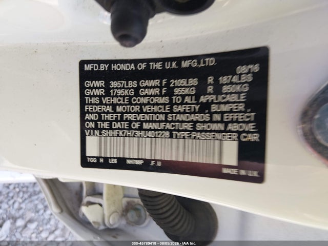 45789418 :رقم المزاد ، SHHFK7H73HU401228 vin ، 2017 Honda Civic Ex-l مزاد بيع