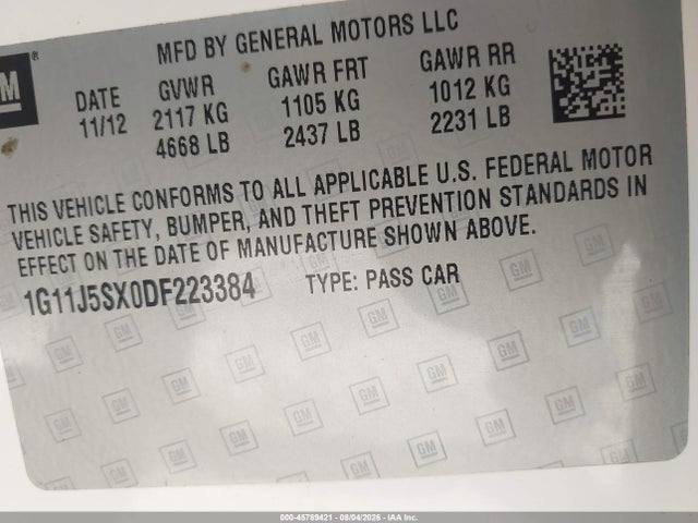 45789421 :رقم المزاد ، 1G11J5SX0DF223384 vin ، 2013 Chevrolet Malibu 2lz مزاد بيع