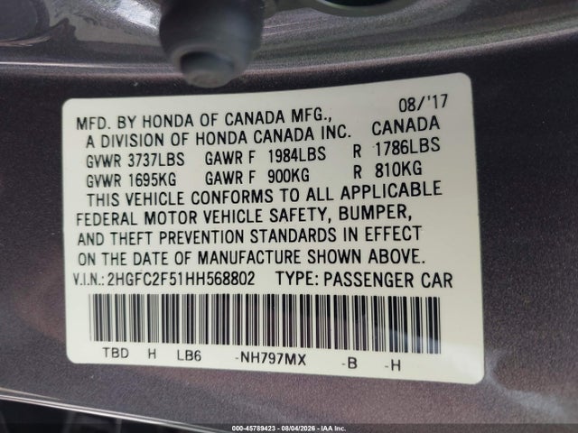 Aukcja sprzedaży 2017 Honda Civic Lx, vin: 2HGFC2F51HH568802, numer aukcji: 45789423