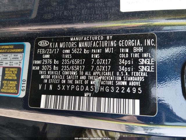 5XYPGDA54HG322495 KIA Sorento 3.3l Lx