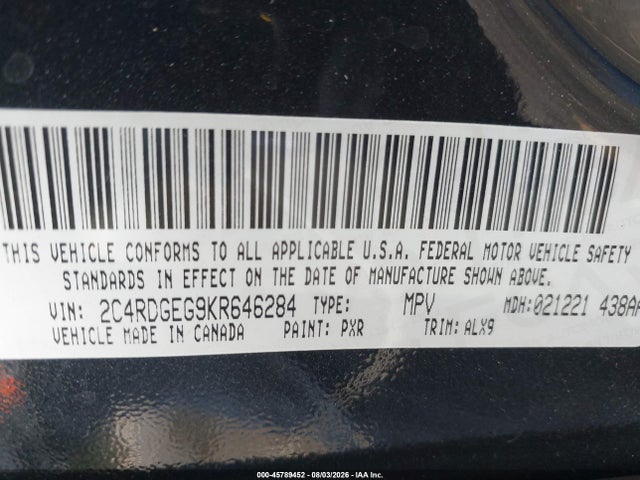 45789452 :رقم المزاد ، 2C4RDGEG9KR646284 vin ، 2019 Dodge Grand Caravan Gt مزاد بيع
