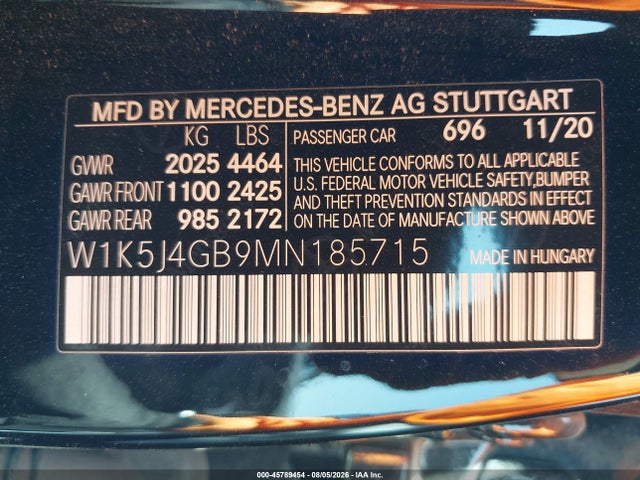 2021 Mercedes-benz Cla 250 მანქანა იყიდება აუქციონზე, vin: W1K5J4GB9MN185715, აუქციონის ნომერი: 45789454