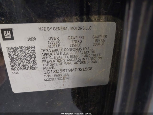 Продажа на аукционе авто 2021 Chevrolet Malibu Fwd Lt, vin: 1G1ZD5ST9MF021568, номер лота: 45789467