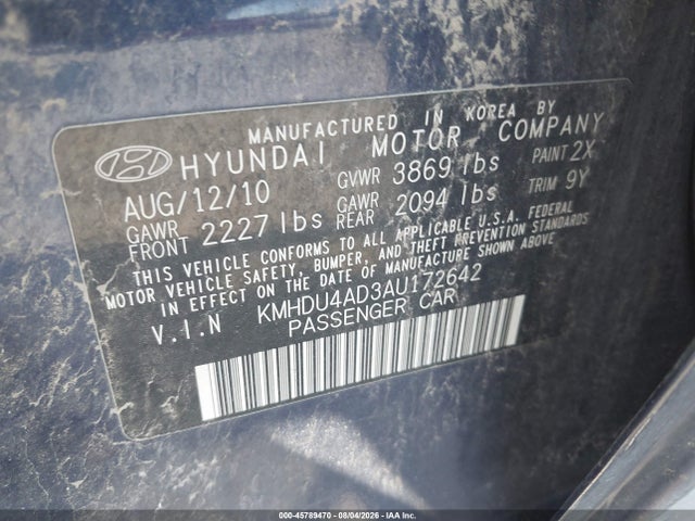 Продажа на аукционе авто 2010 Hyundai Elantra Gls, vin: KMHDU4AD3AU172642, номер лота: 45789470