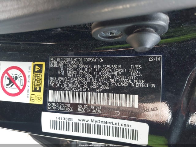 Продажа на аукционе авто 2014 Lexus Rx 350, vin: JTJZK1BA2E2419618, номер лота: 45789478