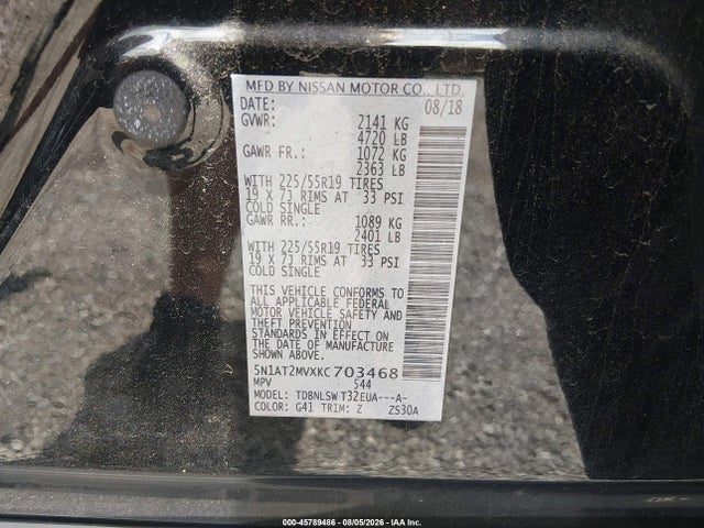 2019 Nissan Rogue Sl მანქანა იყიდება აუქციონზე, vin: 5N1AT2MVXKC703468, აუქციონის ნომერი: 45789486