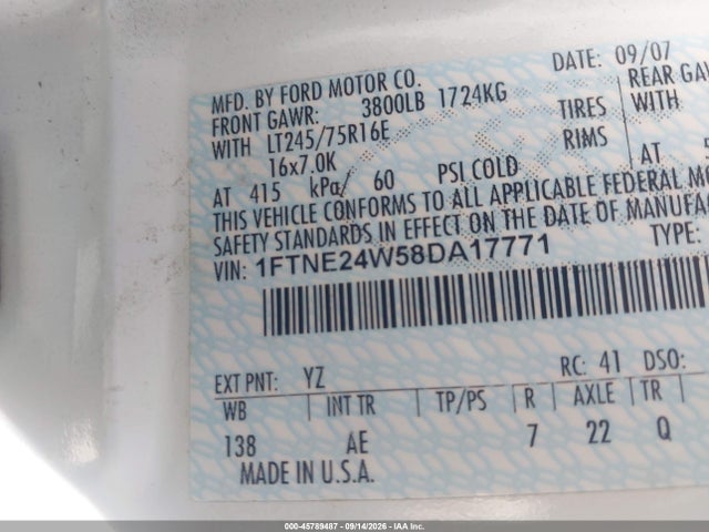 Продаж на аукціоні авто 2008 Ford E-250 Commercial/recreational, vin: 1FTNE24W58DA17771, номер лоту: 45789487