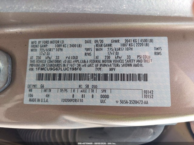Ford ESCAPE SE 2020 1FMCU9G62LUC19860 Image 9