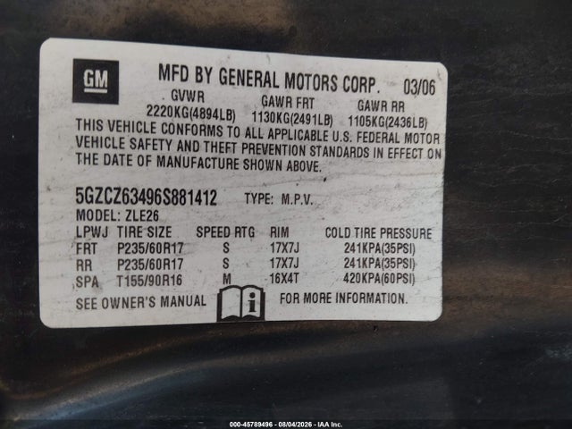 Aukcja sprzedaży 2006 Saturn Vue V6, vin: 5GZCZ63496S881412, numer aukcji: 45789496