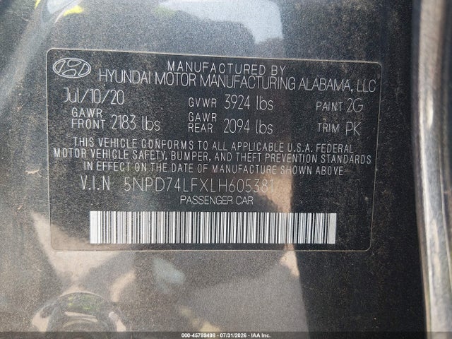 5NPD74LFXLH605381 Hyundai ELANTRA SE