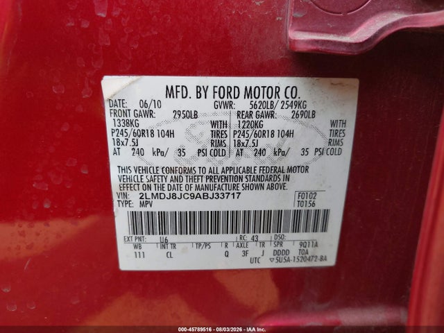 Aukcja sprzedaży 2010 Lincoln Mkx, vin: 2LMDJ8JC9ABJ33717, numer aukcji: 45789516
