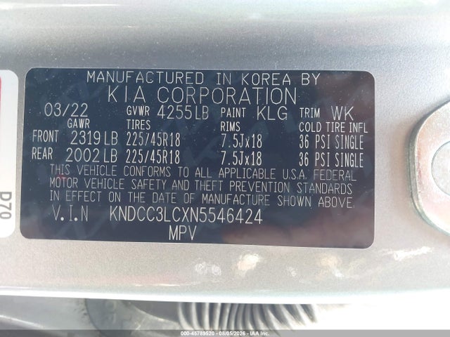 45789520 :رقم المزاد ، KNDCC3LCXN5546424 vin ، 2022 Kia Niro Touring Se مزاد بيع