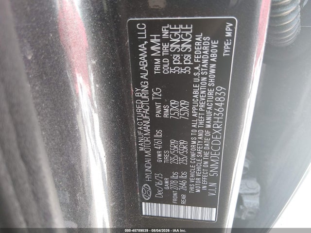 Aukcja sprzedaży 2024 Hyundai Tucson Limited, vin: 5NMJECDEXRH364839, numer aukcji: 45789539