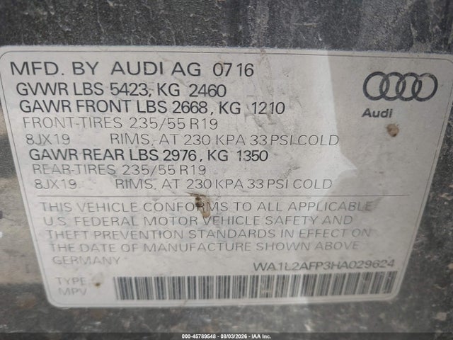 Продажа на аукционе авто 2017 Audi Q5 2.0t Premium, vin: WA1L2AFP3HA029624, номер лота: 45789548