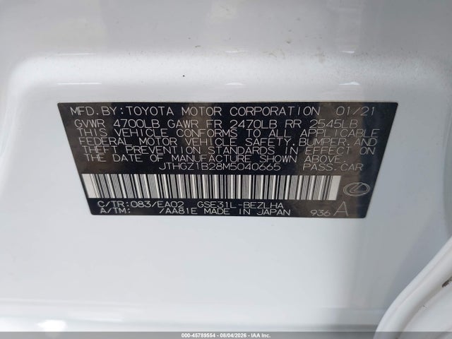 45789554 :رقم المزاد ، JTHGZ1B28M5040665 vin ، 2021 Lexus Is 350 F Sport مزاد بيع